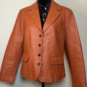 Peter Nygard Genuine Leather Embossed Blazer Jacket Cognac Brown